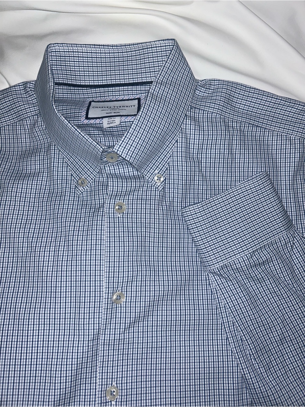 Charles Tyrwhitt Blue and White Micro-Check Button-Down Dress Shirt